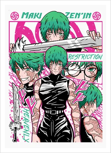 Maki Zenin Restriction Unleashed - maki zenin, Jujutsu, restriction arc, pink and black, powerful female, manga style, otaku gift, shounen anime - Artprint