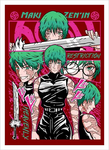 Maki Zenin Restriction Unleashed - maki zenin, Jujutsu, restriction arc, pink and black, powerful female, manga style, otaku gift, shounen anime - Artprint