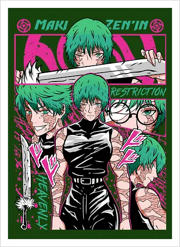 Maki Zenin Restriction Unleashed - maki zenin, Jujutsu, restriction arc, pink and black, powerful female, manga style, otaku gift, shounen anime - Artprint
