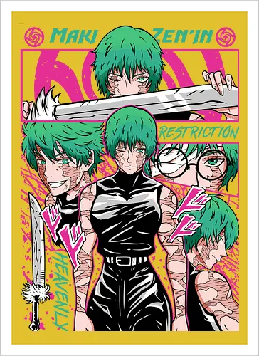 Maki Zenin Restriction Unleashed - maki zenin, Jujutsu, restriction arc, pink and black, powerful female, manga style, otaku gift, shounen anime - Artprint