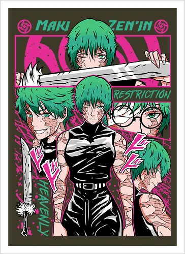 Maki Zenin Restriction Unleashed - maki zenin, Jujutsu, restriction arc, pink and black, powerful female, manga style, otaku gift, shounen anime - Artprint