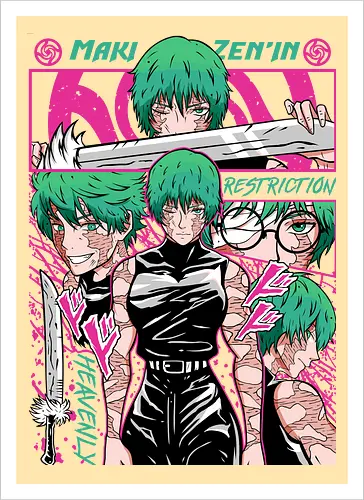 Maki Zenin Restriction Unleashed - maki zenin, Jujutsu, restriction arc, pink and black, powerful female, manga style, otaku gift, shounen anime - Artprint
