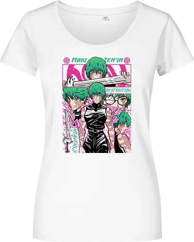 Maki Zenin Restriction Unleashed - maki zenin, Jujutsu, restriction arc, pink and black, powerful female, manga style, otaku gift, shounen anime - Women T-Shirt