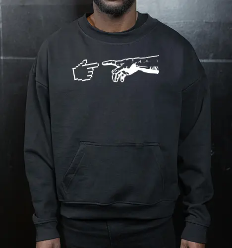 Art Meets Tech - 8-bit computer design, analog vs digital merch, minimalist aesthetic shirt, graphic designer gift, funny renaissance tee, Creation of Adam shirt, pixel cursor graphic tee, art history parody apparel, tech streetwear clothing, programmer fashion - Cropped Sweatshirt