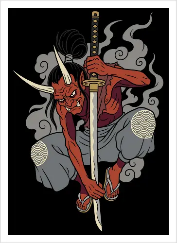 Demon's Descent: The Oni Swordsman - Japanese myth tee, Oni demon shirt, Japanese folklore graphic tee, samurai swordsman apparel, neo traditional tattoo streetwear, red demon katana design, Yokai spirit clothing, dark aesthetic anime fashion, martial arts graphic shirt, edgy alternative merch - Artprint