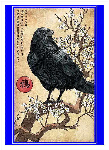 Crow on a Branch - crow, halloween, tree, branch, flowers, japanese art, japan, birds, anime, terror, raven, ukiyo e - Artprint