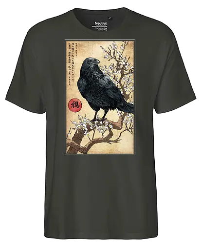 Crow on a Branch - crow, halloween, tree, branch, flowers, japanese art, japan, birds, anime, terror, raven, ukiyo e - Fairtrade T-Shirt
