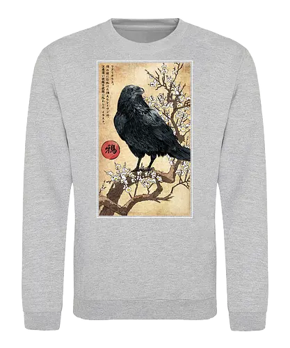 Crow on a Branch - crow, halloween, tree, branch, flowers, japanese art, japan, birds, anime, terror, raven, ukiyo e - Sweatshirt