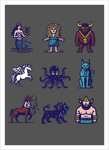 Greek mythological creatures - mermaid, cyclop, centaur, minotaur, sphynx, kraken, vintage - Artprint