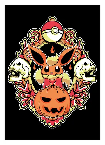 Ember Witch Of The Pumpkin Patch - fire spirit, spooky fanart, flame aesthetic, halloween chibi, anime birthday gift, dark kawaii, autumn creature, otaku shirt - Artprint