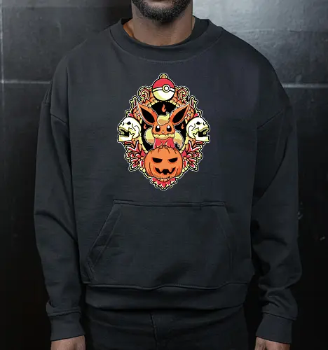 Ember Witch Of The Pumpkin Patch - fire spirit, spooky fanart, flame aesthetic, halloween chibi, anime birthday gift, dark kawaii, autumn creature, otaku shirt - Cropped Sweatshirt