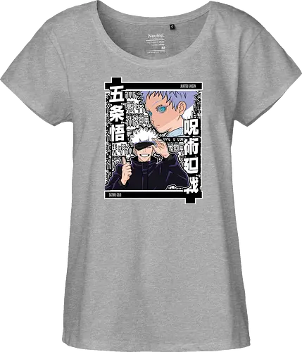 Satoru Gojo Jujutsu Unleashed - Satoru Gojo, Jujutsu, strongest sorcerer, anime gift, otaku, sticker style, black and white, jjk fan - Fairtrade Girl Shirt