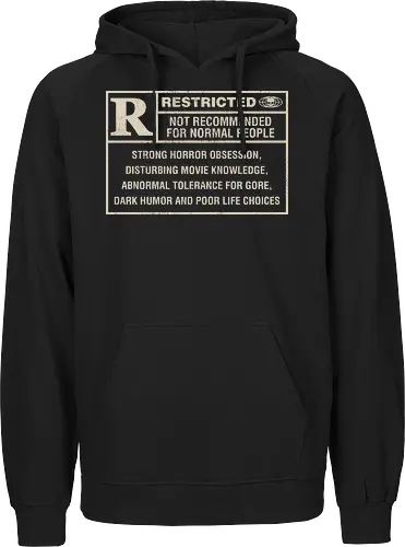 Restricted Horror Label  - horror, dark humor, funny, halloween, halloweentee, horror fan, horror halloween, horror lover, horror movie, humor, rated r, sarcasm, sarcastic, scary, spooky - Fairtrade Hoodie