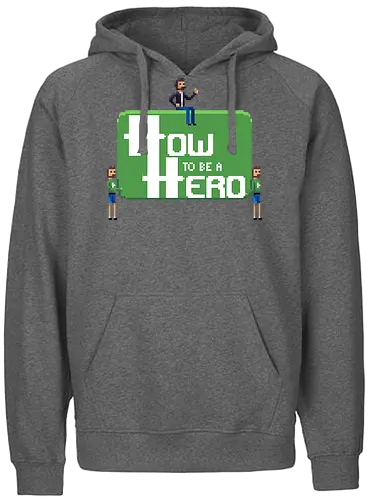 How to be a Hero - Howky trägt Logo - htbah, rpg, rollenspiel, pen and paper, würfel, hauke - Fairtrade Hoodie