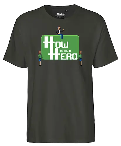 How to be a Hero - Howky trägt Logo - htbah, rpg, rollenspiel, pen and paper, würfel, hauke - Fairtrade T-Shirt