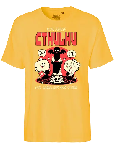 Kids! Praise Cthulhu! - cthulhu, Praise cthulhu, iä, ftagn, lovecraft, hp lovecraft, grt old one - Fairtrade T-Shirt
