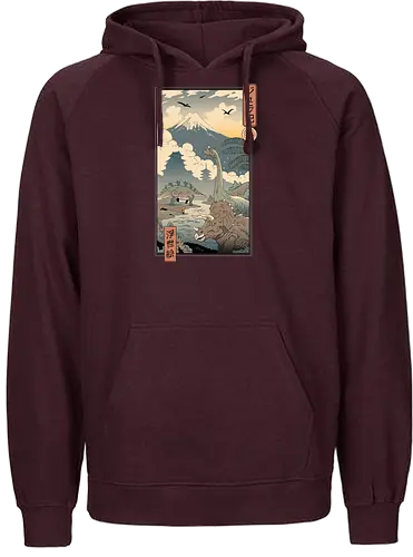 Jurassic Ukiyo-e 1 - jurassic, dino, dinosaur, triceratops, Brachiosaurus, Stegosaurus, ukiyo-e, traditional art - Fairtrade Hoodie