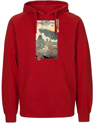 Jurassic Ukiyo-e 1 - jurassic, dino, dinosaur, triceratops, Brachiosaurus, Stegosaurus, ukiyo-e, traditional art - Fairtrade Hoodie