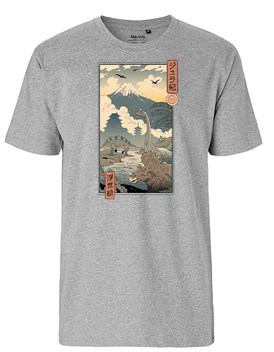 Jurassic Ukiyo-e 1 - jurassic, dino, dinosaur, triceratops, Brachiosaurus, Stegosaurus, ukiyo-e, traditional art - Fairtrade T-Shirt