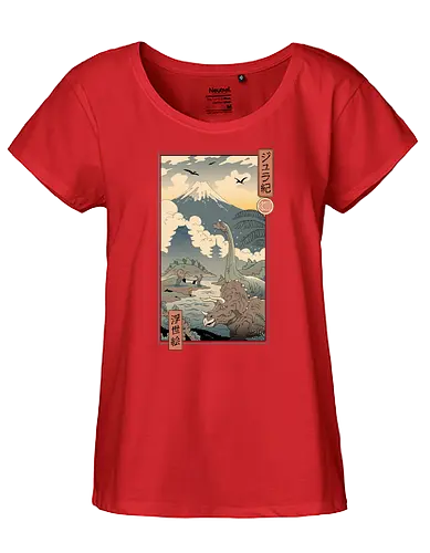 Jurassic Ukiyo-e 1 - jurassic, dino, dinosaur, triceratops, Brachiosaurus, Stegosaurus, ukiyo-e, traditional art - Fairtrade Girl Shirt