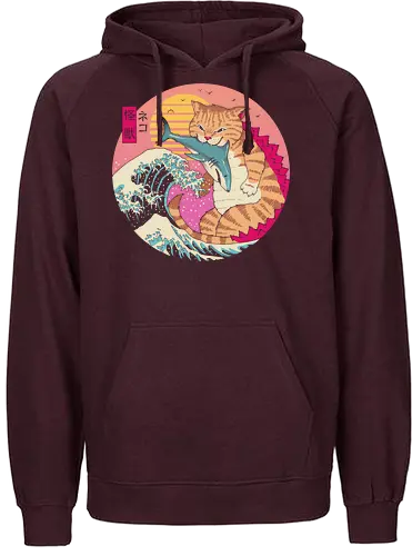 Neko Wave Kaiju - retro, japan, cat, wave, hokusai, shark, fun, art - Fairtrade Hoodie