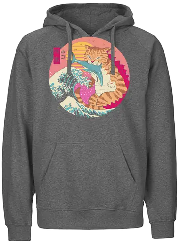 Neko Wave Kaiju - retro, japan, cat, wave, hokusai, shark, fun, art - Fairtrade Hoodie