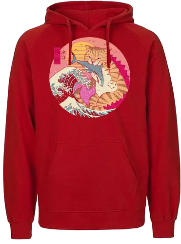 Neko Wave Kaiju - retro, japan, cat, wave, hokusai, shark, fun, art - Fairtrade Hoodie
