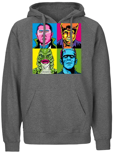 Pop Monster - dracula, bram stoker, werewolf, frankensteins monster, frankenstein, mary shelley, mashup, andy warhol, popart, shape of water, guillermo del toro - Fairtrade Hoodie