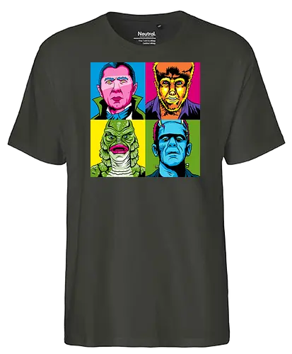 Pop Monster - dracula, bram stoker, werewolf, frankensteins monster, frankenstein, mary shelley, mashup, andy warhol, popart, shape of water, guillermo del toro - Fairtrade T-Shirt