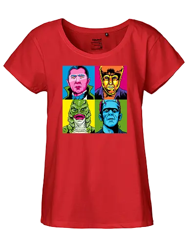 Pop Monster - dracula, bram stoker, werewolf, frankensteins monster, frankenstein, mary shelley, mashup, andy warhol, popart, shape of water, guillermo del toro - Fairtrade Girl Shirt