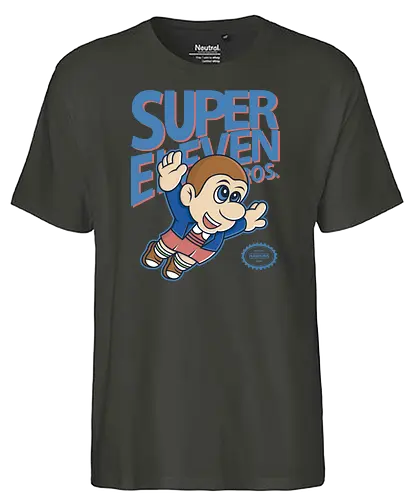 Super Eleven - stranger kids, eleven, will, mike, dustin, lucas, tv, series, mashup, retro, games - Fairtrade T-Shirt