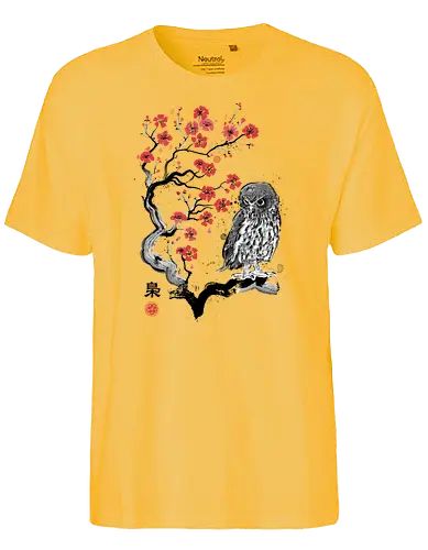 Fukurō Sumi-e - sumi-e, owl, eule, sakura, kirschblüte - Fairtrade T-Shirt