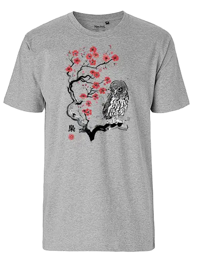 Fukurō Sumi-e - sumi-e, owl, eule, sakura, kirschblüte - Fairtrade T-Shirt