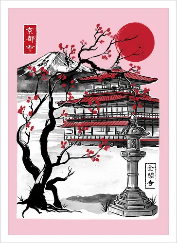 Temple of the Golden Pavilion sumi e - japan, sumi-e, shrine, temple, art - Artprint