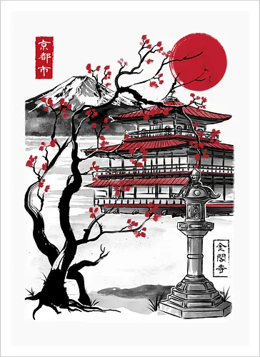 Temple of the Golden Pavilion sumi e - japan, sumi-e, shrine, temple, art - Artprint