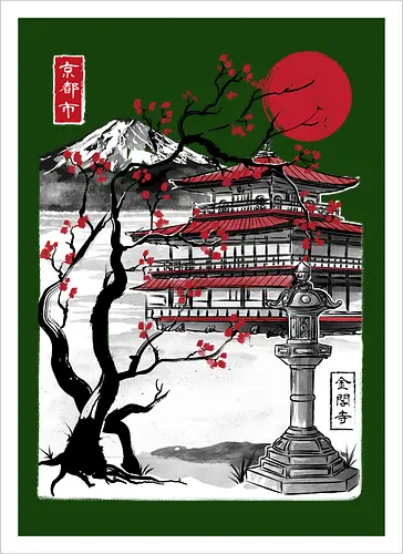 Temple of the Golden Pavilion sumi e - japan, sumi-e, shrine, temple, art - Artprint