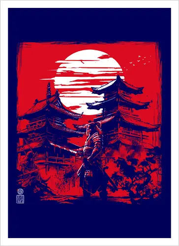 Samurai warrior in feudal Japan - japan, samurai, temple, shrine - Artprint