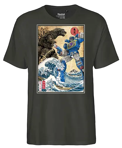 King of the monster vs soundwave - mash up, kaiju, mecha, robot, gundam, Roboter, wave - Fairtrade T-Shirt