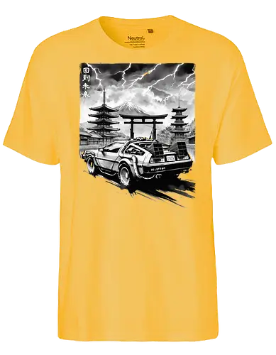 Back to the Japan temple - bttf, timetravel, future, back, auto, car, sumi-e, delorn - Fairtrade T-Shirt