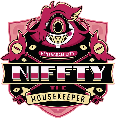 Niffty Housekeeper Emblem - Demon, niffty, alastor, charlie morningstar, vaggie, husk, demon, angel dust, vox, cartoon, cherri bomb, lucifer, helluva boss, angels, hell, 