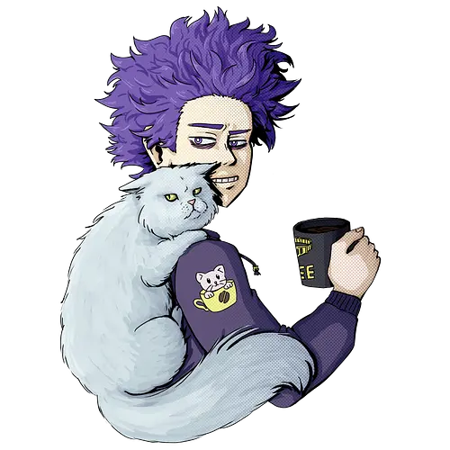 Cranky Coffee Cats - mha, bnha, shinsou, shinsouhitioshi, hitoshi, cat, grumpy, grumpycat, white, whitecat, persiancat, coffee, coffeecat, kitty, cranky, ftown, scowl, glare, purple, lavender, purplehair, lavenderhair, purpleeyes, lavendereyes, lilac, lilachair, lilaceyes, ereaserhead, ereaserheadmug, mug, coffeemug, raisedeyebrow, sweater, hoodie, darkhoodie, hiroaka, hiroaka