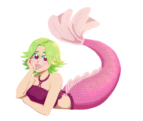 Cami - cami, Pirate, anime, mermaid, pink, pink mermaid, green hair, magentaeyes, pink eyes, bikini, bikini top, pale, blush, beach, purplestarphoenix