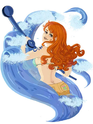 Nami - nami, cat burglar, Pirate, wave, orange hair, redhead, ginger, clima tact, girl, cute, anime, wavy hair, water, pale, long hair, blue, orange, bikini top, tattoo, purplestarphoenix