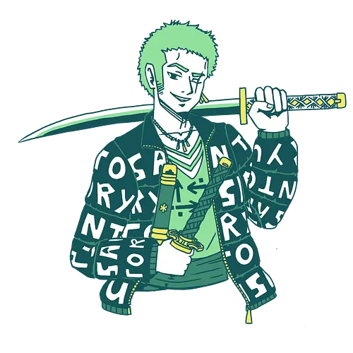 Zoro Drip - zoro, roronoazoro, zorororonoa, greenhair, santoryu, threeswords, threeswordstyle, swords, katanas, gold, green, jacket, drip, necklace, meme, earrings, digitalart, anime, manga, purplestarphoenix, cool, fashion, zoroPirate, Pirate, zoroPirate, Pirate