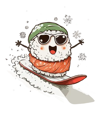 sushi snowboard - sushi, snowboard, snowflakes, green hat, sunglasses, surfing, seaweed, snow, cheerful