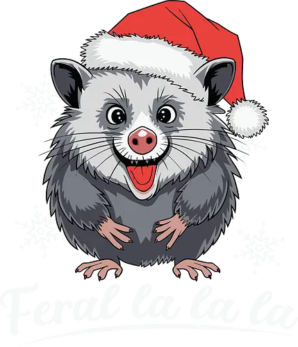 cheerful possum - possum, santa hat, christmas, snowflakes, holiday, cheerful, cute, wildlife, festive, humorous