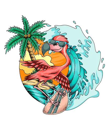 Pink Flamingo Summer Surfing On The Beach - cute, exotic, summer, tattoo, flamingos, kawaii, nature, pink, pink flamingo, plants, positive, vibes, tropical, unique, wildlife, gift, illustronii, adorable, positive vibes, surf, surfing, american, flamingo, animal, beach, beautiful, bird