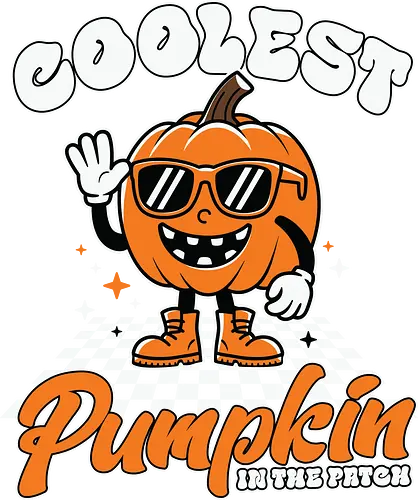 Coolest Pumpkin in the Patch - pumpkin, sunglasses, waving, cartoon, typography, checkered, boots, fun, character, halloween