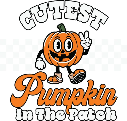 Cutest Pumpkin in the Patch - pumpkin, cartoon, cute, halloween, checkerboard, typography, character, friendly, orange