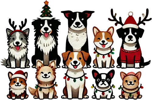 Dogs of Christmas - dogs, cartoon, christmas, festive, holiday, santa hats, reindeer antlers, accessories, cheerful